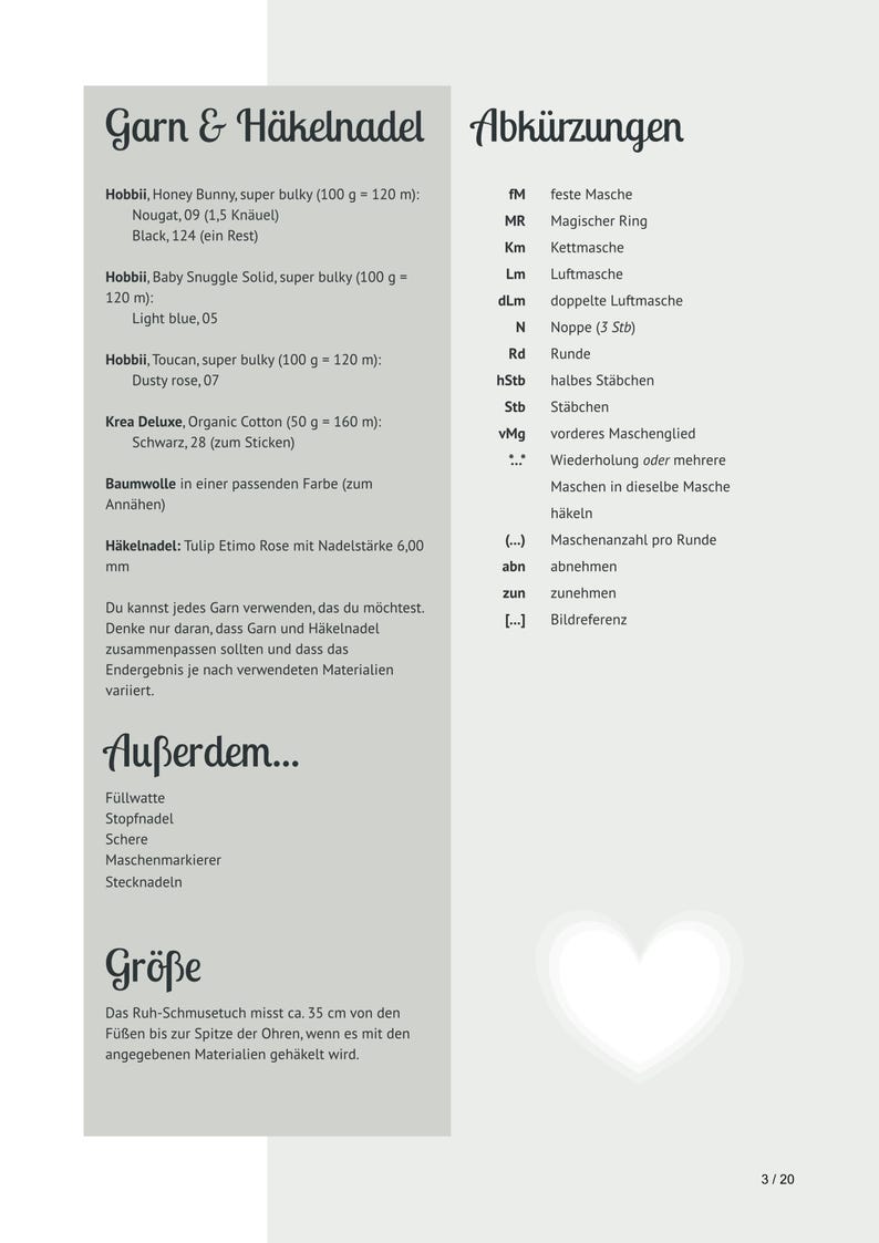 May include: A page of crochet instructions in German, featuring yarn and hook details, abbreviations, and a list of additional materials. The text includes measurements in centimeters for a finished project.