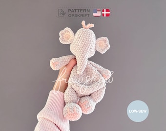 Crochet snuggler pattern, low-sew, Hattie, Elephant, pdf in English (US terms) and Danish.