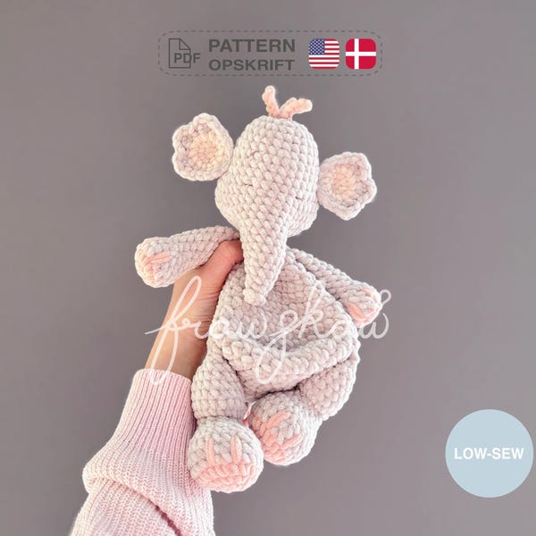 Crochet snuggler pattern, low-sew, Hattie, Elephant, pdf in English (US terms) and Danish.