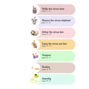 Puede incluir: Una p&aacute;gina de &iacute;ndice de un libro de manualidades, con una lista de proyectos de ganchillo. Los proyectos incluyen un oso de circo, un elefante, un le&oacute;n, un le&oacute;n marino, pompones, guirnaldas e instrucciones de montaje. Se enumeran los n&uacute;meros de p&aacute;gina de cada proyecto. La p&aacute;gina es clara con acentos en colores pastel.