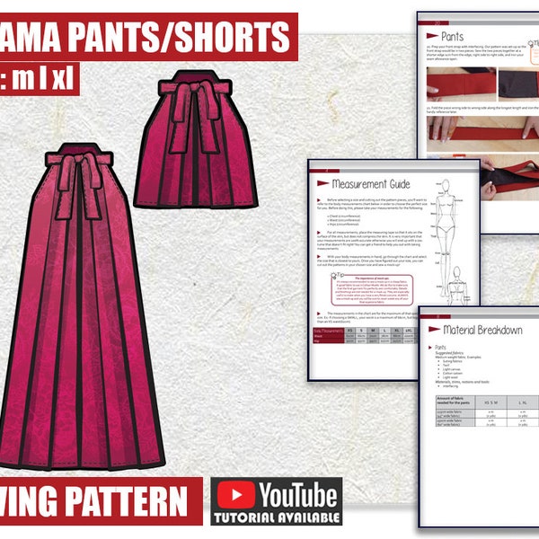 M L XL Patron de couture pour pantalons et shorts hakama/PDF téléchargeable et tutoriel