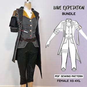 May include: A costume on a mannequin featuring a black and gray coat, vest, and pants. The coat has a patterned design and gold accents. The image also includes a line drawing of the outfit and text that reads "Lune Expedition Bundle" and "PDF Sewing Pattern Female XS-4XL."