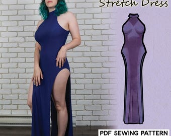 May include: A PDF sewing pattern for a long, stretchy dress with a high neckline and a thigh-high slit. The dress is shown in a dark blue color. The pattern is available in sizes XS-4XL. Open Thigh Full Stretch Dress. PDF Sewing Pattern XS-4XL