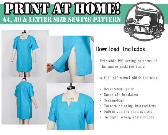 ワンピース Square SilhouetteTailor Tunic Square Neckline Tunic Sewing Pattern/downloadable PDF and