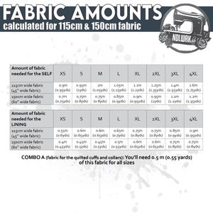 May include: Fabric amount chart for 115cm and 150cm fabric. The chart shows fabric needed for the self and lining in sizes XS to 4XL. Measurements are in meters and yards. Combo A requires 0.5 m (0.55 yards) of fabric for all sizes.