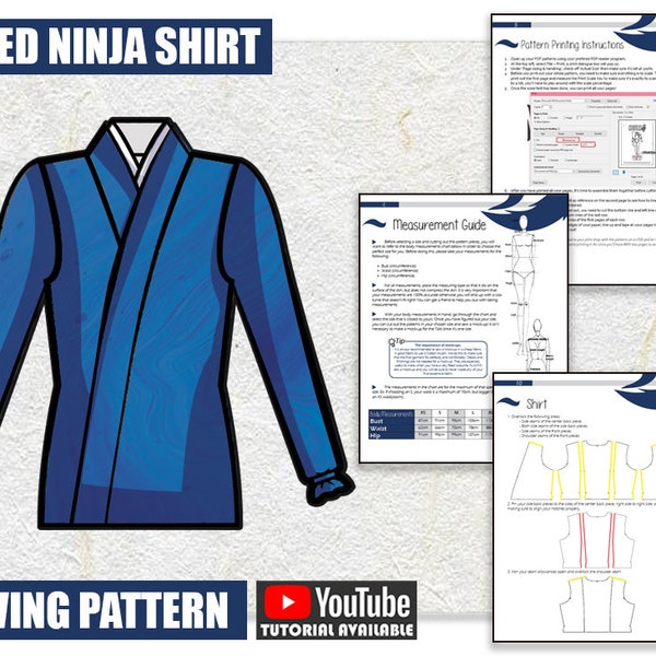 Patrón de costura de camisa Ninja ajustada/archivo PDF descargable y libro tutorial