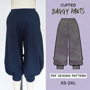 Cuffed Baggy Pants Sewing Pattern for stretch fabrics/Downloadable PDF File and Tutorial Book