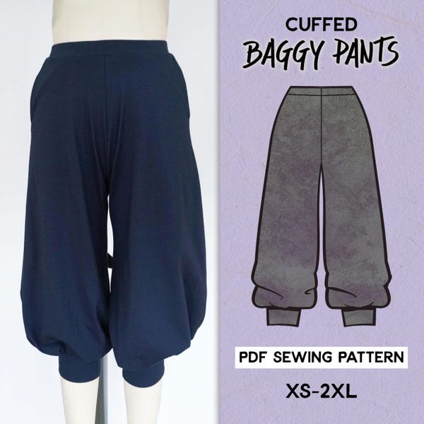 Cuffed Baggy Pants Sewing Pattern for stretch fabrics/Downloadable PDF File and Tutorial Book