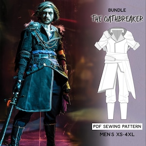 May include: A person in a black and blue Oathbreaker costume with a sword, next to a diagram of the outfit. The text reads "BUNDLE The Oathbreaker" and "PDF SEWING PATTERN MEN'S XS-4XL".