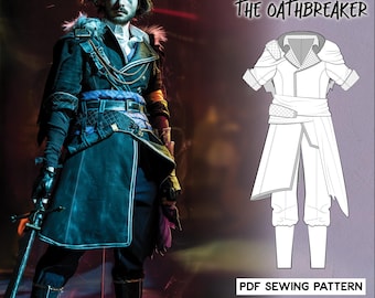 Könnte beinhalten: Eine Person in einem schwarzen und blauen Oathbreaker-Kostüm mit einem Schwert, neben einer Zeichnung des Outfits. Der Text lautet "BUNDLE The Oathbreaker" und "PDF SEWING PATTERN MEN'S XS-4XL".