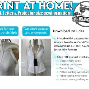 May include: Print at home sewing pattern for a hooded sweater vest and cinched underwear. The pattern includes US LETTER, A4, and projector print formats. The image shows a white sweater vest with a hood and a two-piece underwear set.