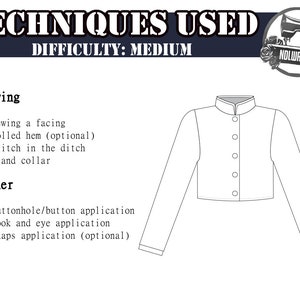 May include: A line drawing of a cropped jacket with a stand collar, long sleeves, and a button placket. The image includes a list of sewing techniques used to create the jacket, including sewing a facing, rolled hem, stitch in the ditch, and stand collar. The image also lists other techniques used, including buttonhole/button application, hook and eye application, and snaps application.
