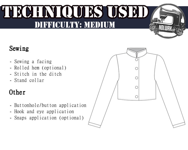 May include: A line drawing of a cropped jacket with a stand collar, long sleeves, and a button placket. The image includes a list of sewing techniques used to create the jacket, including sewing a facing, rolled hem, stitch in the ditch, and stand collar. The image also lists other techniques used, including buttonhole/button application, hook and eye application, and snaps application.
