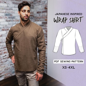 Könnte beinhalten: Ein braunes Wickelhemd mit langen Ärmeln und einem Crossover-Design. Das Bild enthält eine Zeichnung des Hemdes und den Text "Japanese Inspired Wrap Shirt" und "PDF Sewing Pattern XS-4XL".
