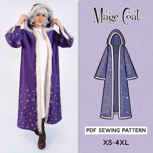 May include: A purple Mage Coat with a star pattern, a faux fur-lined hood, and cuffs. The coat is worn by a person. A diagram of the coat is shown next to the person. The text "Mage Coat" and "PDF Sewing Pattern" are visible.