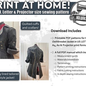 May include: Print at home sewing pattern for the Oathbreaker Jacket. The image shows a tailored, dark gray jacket with quilted cuffs and collars. The pattern includes US Letter, A4, and Ao print formats, plus a full PDF manual.