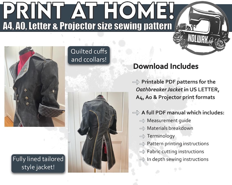 May include: Print at home sewing pattern for the Oathbreaker Jacket. The image shows a tailored, dark gray jacket with quilted cuffs and collars. The pattern includes US Letter, A4, and Ao print formats, plus a full PDF manual.