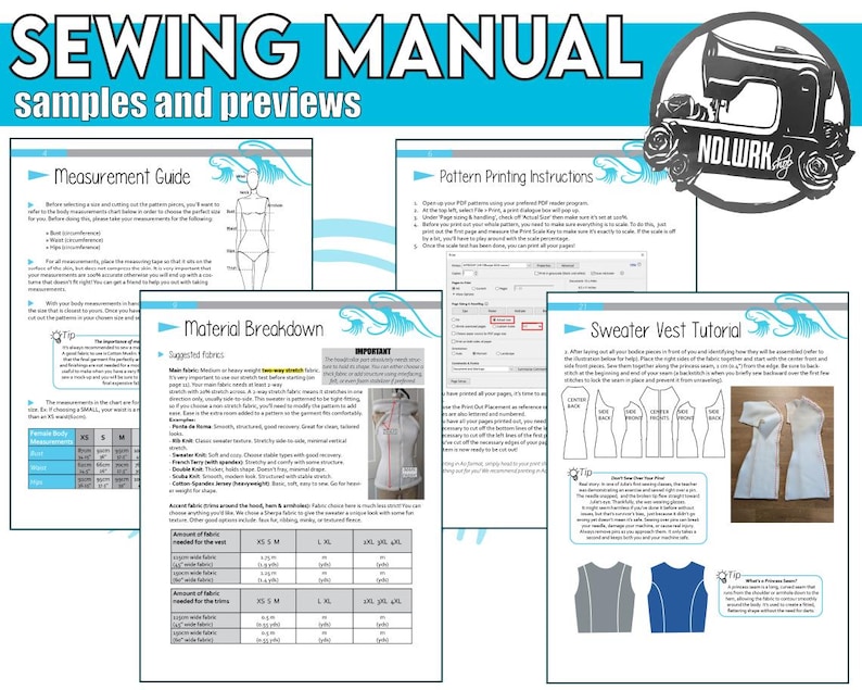 May include: A sewing manual with the title "SEWING MANUAL" in large, turquoise letters. The manual includes samples and previews of measurement guides, pattern printing instructions, material breakdowns, and a sweater vest tutorial. A logo of a sewing machine is in the upper right corner.