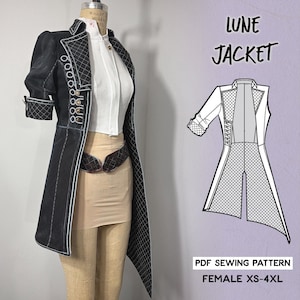 Könnte beinhalten: Eine schwarze Lune-Jacke mit weißen Nähten und goldenen Knöpfen wird auf einer Schaufensterpuppe präsentiert. Die Jacke hat ein einzigartiges Design mit einem Rautenmuster und wird mit einem weißen Oberteil und einem beigen Rock kombiniert. Das Bild enthält auch ein Schnittmusterdiagramm und den Text "Lune Jacket" und "PDF Sewing Pattern Female XS-4XL."