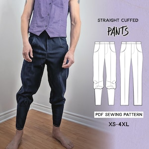 Könnte beinhalten: Marineblaue Hose mit geradem Bein und Manschetten, mit hoher Taille und maßgeschneiderter Passform. Die Hose wird an einer Person gezeigt. Das Bild enthält auch eine Strichzeichnung der Hose und den Text "STRAIGHT CUFFED PANTS" und "PDF SEWING PATTERN XS-4XL".