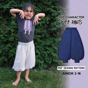 May include: A PDF sewing pattern for 1000 Character Puff Pants for children sizes 2-16. The pattern includes a blue pair of puff pants.