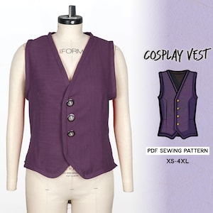 May include: Purple sleeveless vest with a V-neck and three buttons. The vest is on a white dress form. The image also includes a cartoon illustration of the vest and the text "COSPLAY VEST" and "PDF SEWING PATTERN XS-4XL".