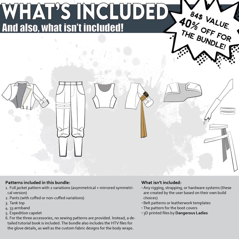 May include: An illustration showing various costume patterns, including a jacket, pants, tank top, armband, and capelet. Text at the top reads "WHAT'S INCLUDED" and "And also, what isn't included!" A starburst graphic indicates a 40% off bundle.