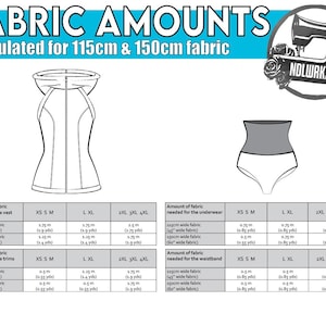 May include: Diagram showing fabric amounts needed for a vest and underwear, calculated for 115cm and 150cm fabric. Measurements are provided in meters and yards for various sizes, including XS, S, M, L, XL, 2XL, 3XL, and 4XL. A sewing machine logo is in the upper right.
