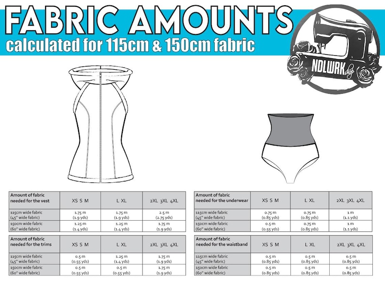 May include: Diagram showing fabric amounts needed for a vest and underwear, calculated for 115cm and 150cm fabric. Measurements are provided in meters and yards for various sizes, including XS, S, M, L, XL, 2XL, 3XL, and 4XL. A sewing machine logo is in the upper right.