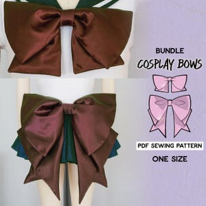 May include: A bundle of two large, dark brown satin bows for cosplay, shown attached to a garment. The image includes text reading BUNDLE COSPLAY BOWS and PDF SEWING PATTERN ONE SIZE, alongside a graphic illustration of two pink bows.