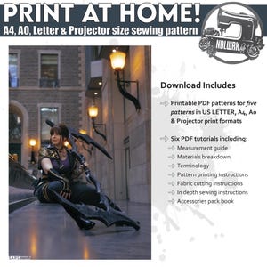 May include: A sewing pattern with the text "PRINT AT HOME!" and "A4, AO, Letter & Projector size sewing pattern." The image includes a person in a costume and a list of downloadable PDF tutorials.