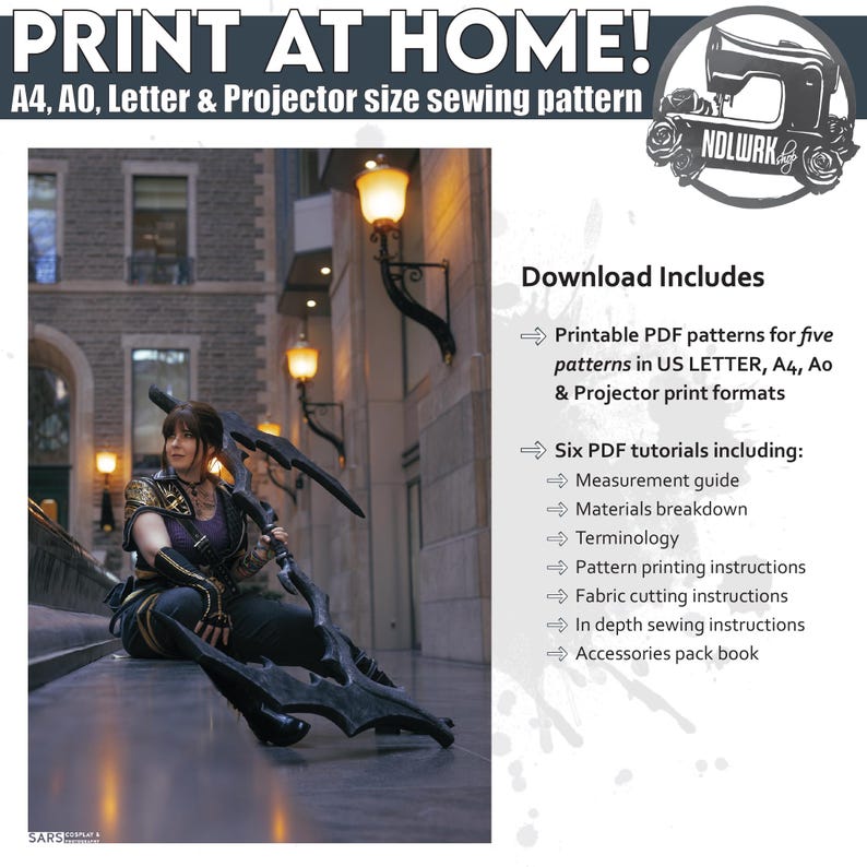 May include: A sewing pattern with the text "PRINT AT HOME!" and "A4, AO, Letter & Projector size sewing pattern." The image includes a person in a costume and a list of downloadable PDF tutorials.