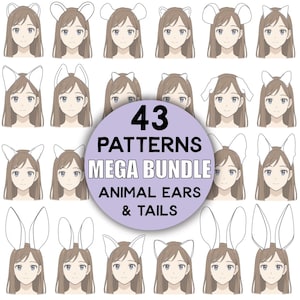 May include: An illustration showcasing a person with different animal ear designs. The image includes a central graphic that reads "43 PATTERNS MEGA BUNDLE ANIMAL EARS & TAILS". The ears are white and the person has brown hair and a neutral expression.