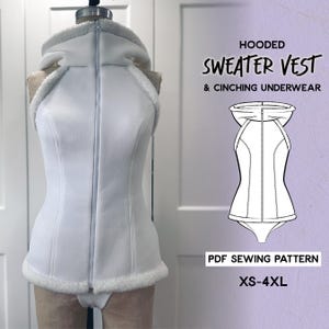 Può includere: Un gilet bianco con cappuccio con chiusura a zip e finiture in ecopelliccia. Il gilet è esposto su un manichino. L'immagine include anche un disegno a tratto del gilet e della biancheria intima stringivita, e il testo "Hooded Sweater Vest & Cinching Underwear".