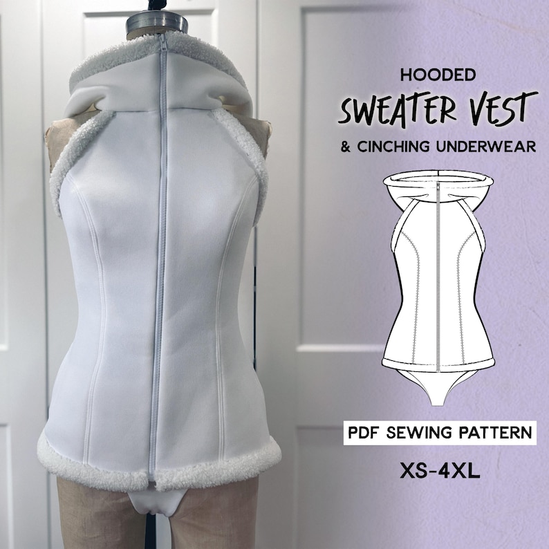 May include: A white hooded sweater vest with a zipper closure and faux fur trim. The vest is displayed on a mannequin. The image also includes a line drawing of the vest and cinching underwear, and the text "Hooded Sweater Vest & Cinching Underwear".