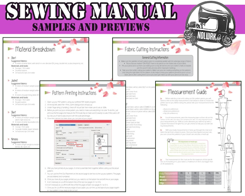 Puede incluir: Un manual de costura con instrucciones para cortar tela, imprimir patrones y una gu&iacute;a de medidas. El manual incluye un desglose de materiales para diferentes prendas, como una camisa, una chaqueta y un pantal&oacute;n.