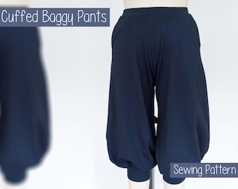 Cuffed Baggy Pants Sewing Pattern for stretch fabrics/Downloadable PDF File and Tutorial Book