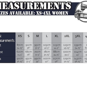 May include: A chart showing body measurements in inches and centimeters for women's clothing sizes XS to 4XL. The chart includes bust, waist, and hip measurements.