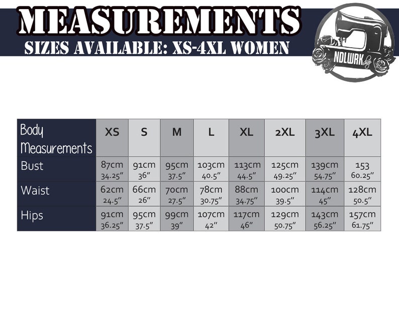 May include: A chart showing body measurements in inches and centimeters for women's clothing sizes XS to 4XL. The chart includes bust, waist, and hip measurements.