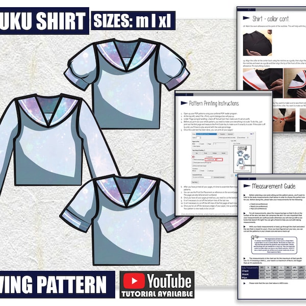 M L XL Seifuku Shirt Sewing Pattern/Downloadable PDF and Tutorial Book