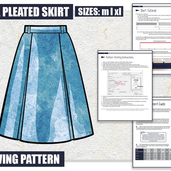 M L XL Box Pleated Skirt Sewing Pattern/Downloadable PDF File and Tutorial Book