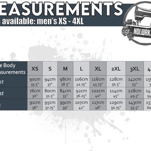 May include: A size chart for men's clothing, with measurements in inches and centimeters. The chart includes chest, waist, and hip measurements for sizes XS to 4XL. The image also features the text "MEASUREMENTS" and a logo.