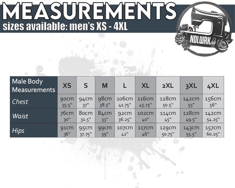 May include: A size chart for men's clothing, with measurements in inches and centimeters. The chart includes chest, waist, and hip measurements for sizes XS to 4XL. The image also features the text "MEASUREMENTS" and a logo.