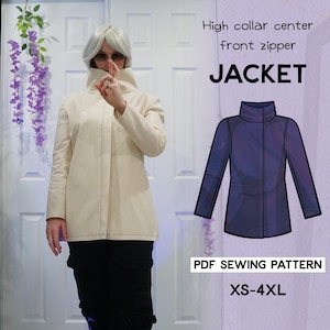 May include: A sewing pattern for a high collar jacket with a front zipper. The pattern is for sizes XS-4XL. The image shows a person wearing a white version of the jacket and a line drawing of the jacket in purple.