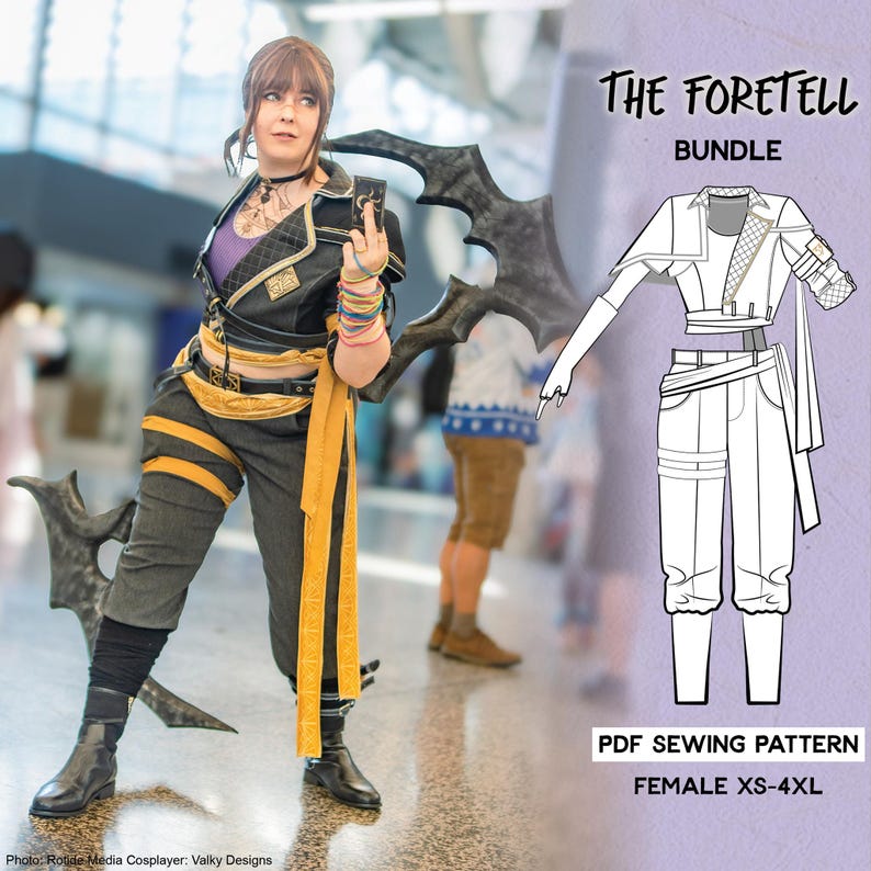 May include: A person in a cosplay outfit with a black and gold jacket, gray pants with yellow stripes, and black boots. The image includes a sewing pattern for the outfit labeled "The Foretell Bundle" and "Female XS-4XL."