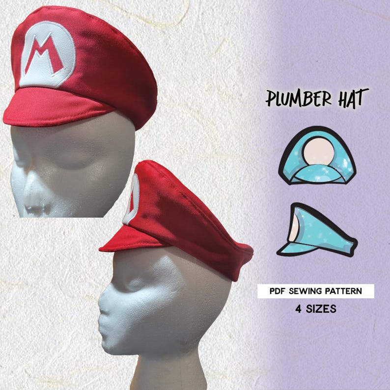 May include: Red and white plumber hat sewing pattern. The pattern includes four sizes. The hat is shown on a white mannequin head. The pattern is also shown in a cartoon style.