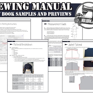 May include: A sewing manual PDF book with samples and previews. The pages show instructions for pattern printing, material breakdown, measurement guide, and a jacket tutorial.
