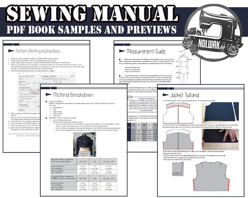 May include: A sewing manual PDF book with samples and previews. The pages show instructions for pattern printing, material breakdown, measurement guide, and a jacket tutorial.