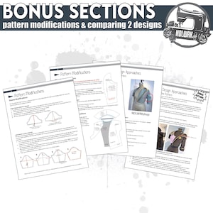 May include: Several pages of sewing pattern instructions are displayed, with the title "BONUS SECTIONS" at the top. The pages include diagrams and text about pattern modifications and design approaches. A logo with a sewing machine is in the upper right corner.