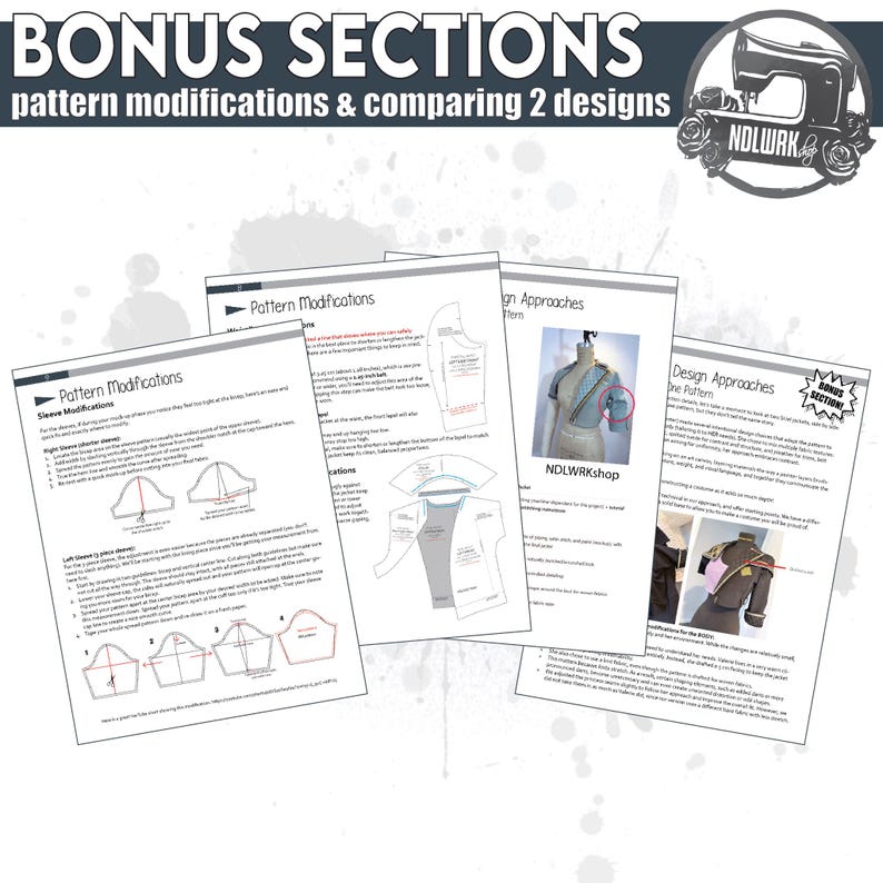 May include: Several pages of sewing pattern instructions are displayed, with the title "BONUS SECTIONS" at the top. The pages include diagrams and text about pattern modifications and design approaches. A logo with a sewing machine is in the upper right corner.